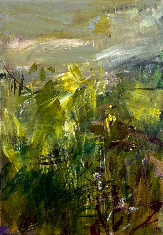 A 5 x 7 inches acrylic painting on canvas titled 'Changing Season I', featuring an abstract representation of a green and yellow landscape.