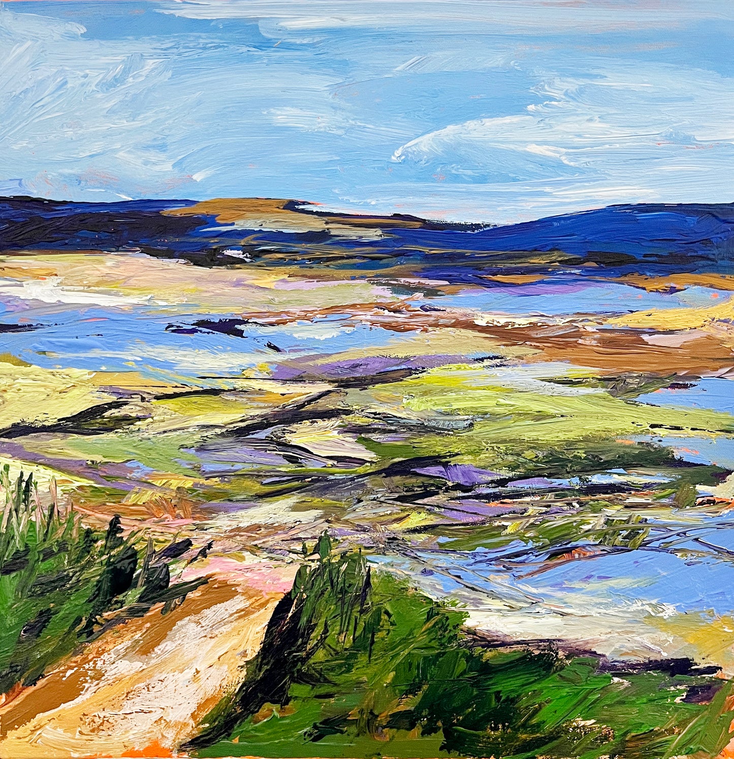 Painting of a coastal landscape with fields and hills under a blue sky.
