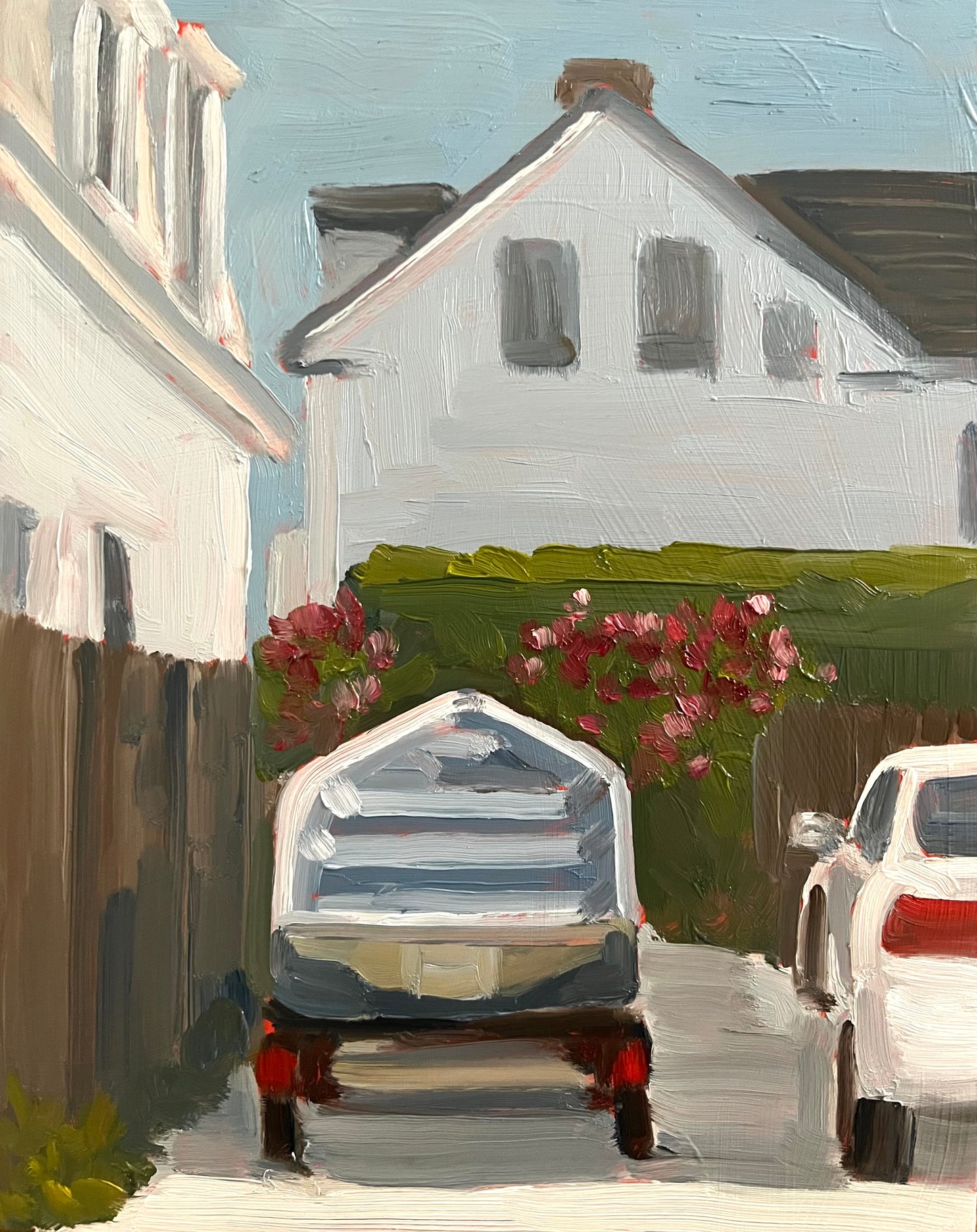 A painting depicting a scene with a white boat on a trailer, a car, and a house with a garden in the background.