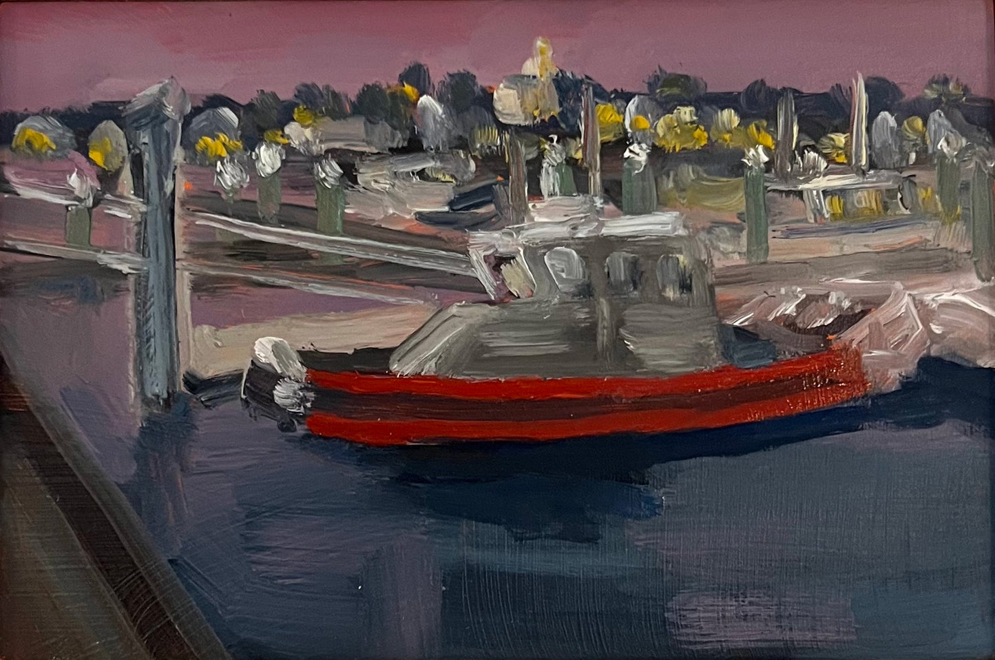 A painting depicting a boat with a red and silver color scheme on a panel.