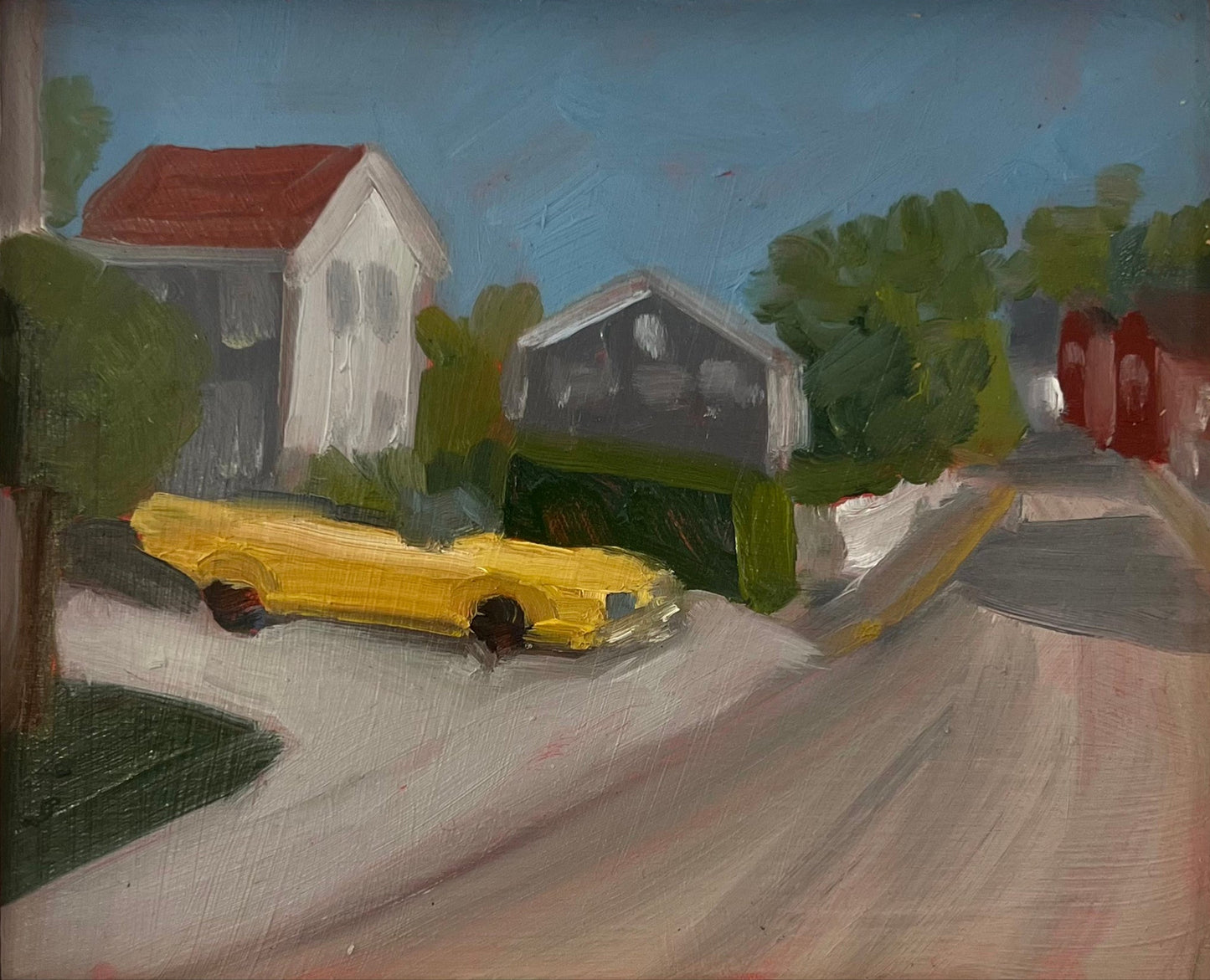 A small oil painting on board depicting a street scene with a yellow car, houses, and trees.