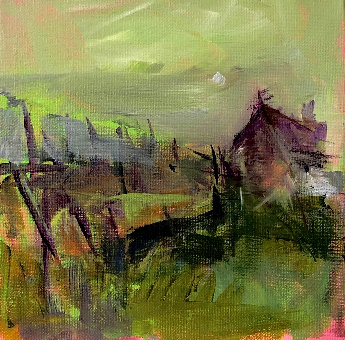 Abstract acrylic painting on canvas with predominantly green and purple hues.