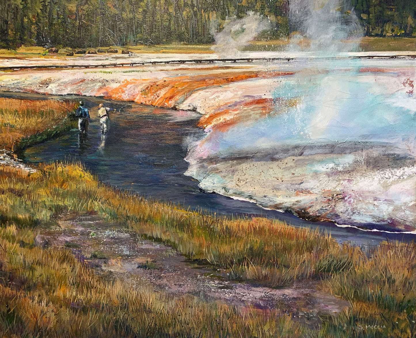 An acrylic painting titled 'Fishing the Firehole', depicting a person fly-fishing in a river with steamy hot springs in the background. The artwork is rich in color and texture, capturing a natural outdoor scene.