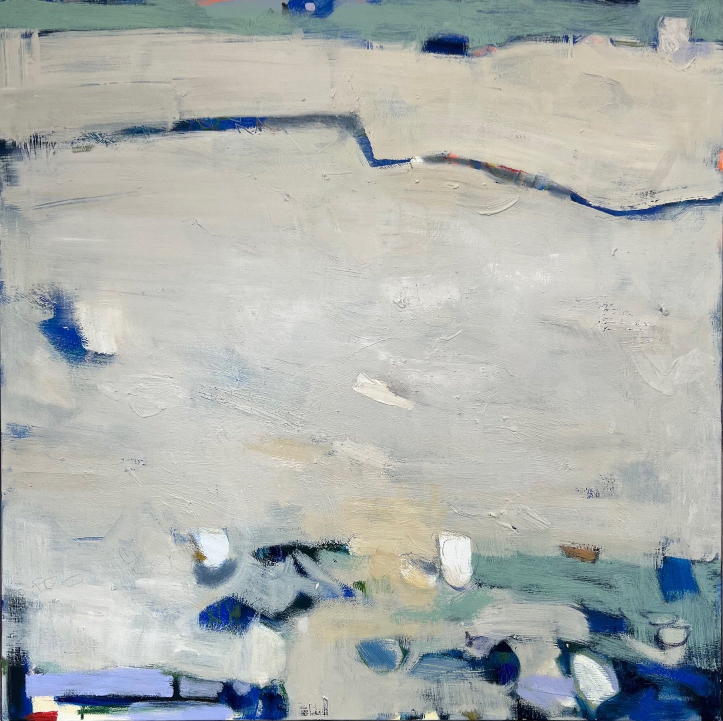 An abstract oil painting on canvas featuring various shades of gray with patches of blue and white, creating a minimalist and serene effect.
