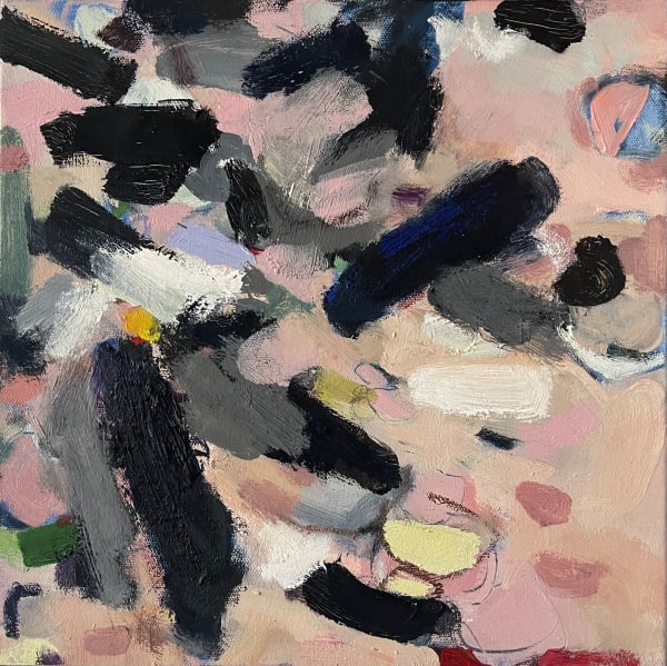 Abstract oil painting on canvas with bold black and white brushstrokes against a pink background