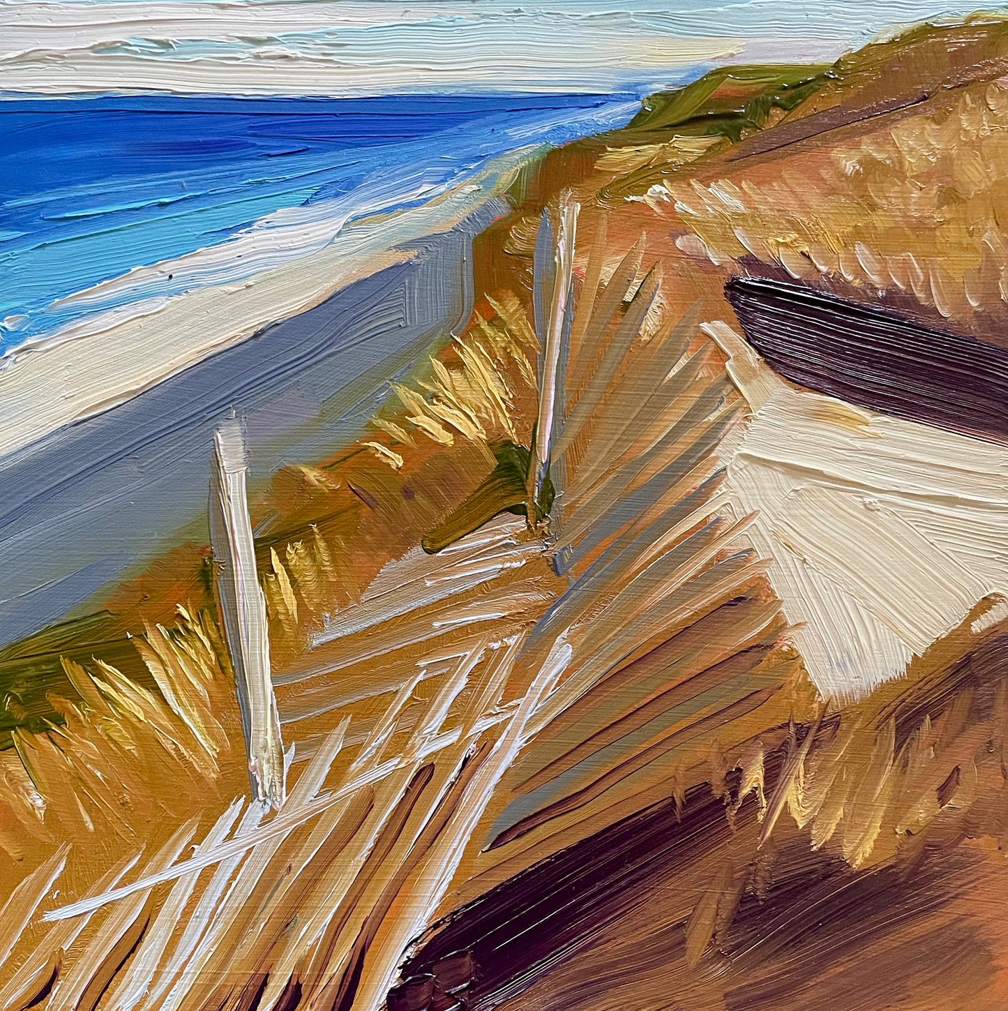 A close-up of an oil painting on panel featuring a section of a fence with a beach and ocean in the background.