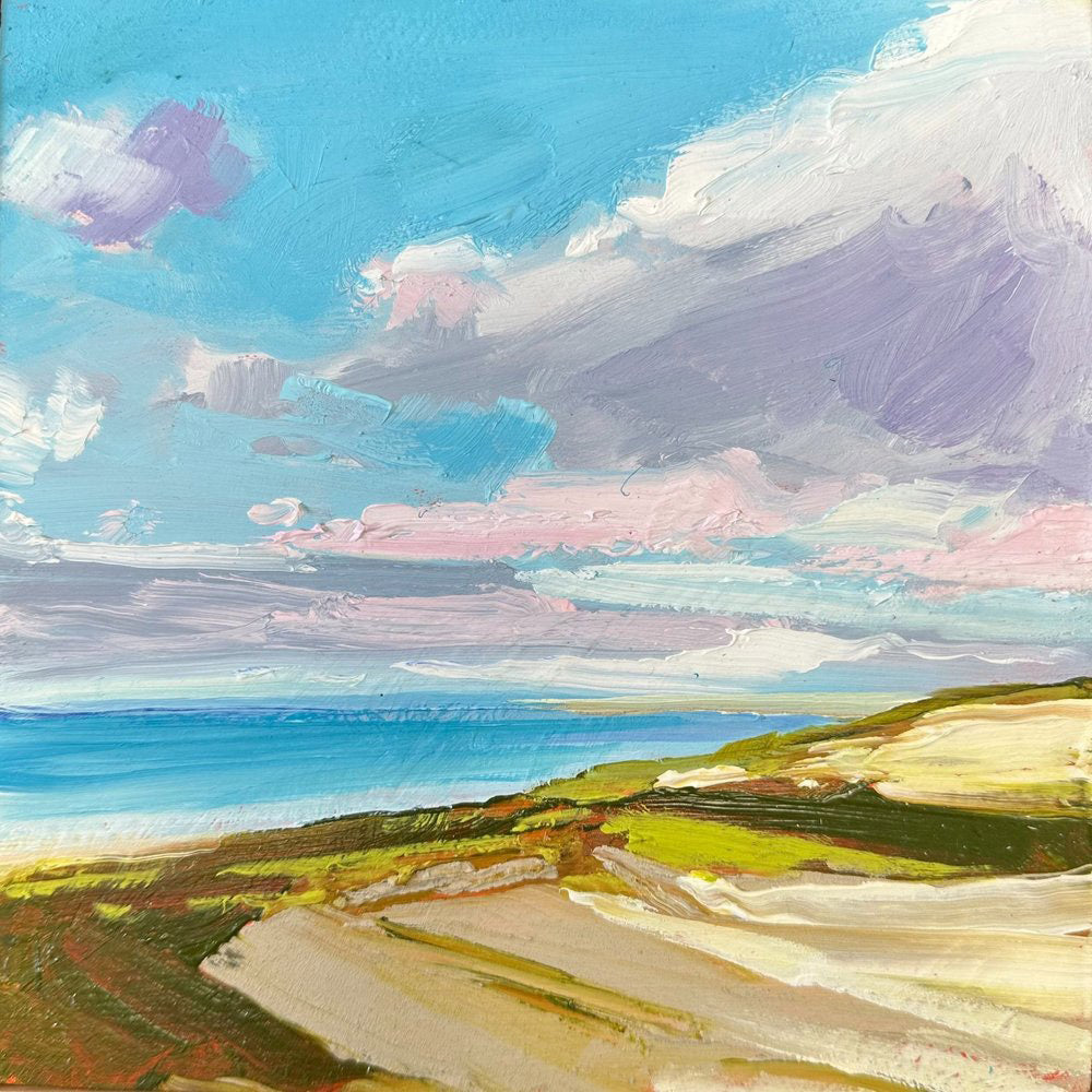 A small oil painting on panel depicting a landscape with a sky, clouds, and a hint of a body of water, representing a serene coastal scene.