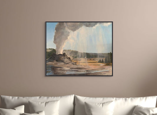 Framed artwork of a geothermal landscape on a beige wall above a white sofa.