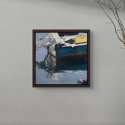 Framed boat painting on a gray wall