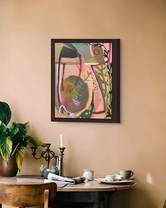 Small dining area with a round table, chairs, and a colorful abstract painting on the wall.