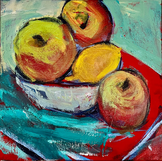 Square composition expressive painting of a fruit bowl containing apples and lemons. Colors of teal blues, yellows, and reds. 