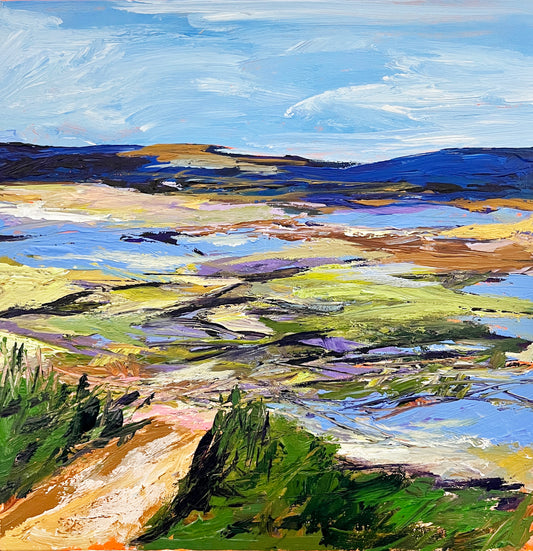 Painting of a coastal landscape with fields and hills under a blue sky.