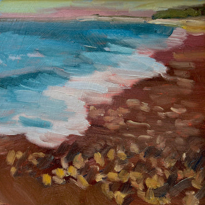 A small oil painting titled 'Peconic Bay Sunset' depicting a landscape with a body of water and a sunset in the background, primarily in blue and warm brown tones.
