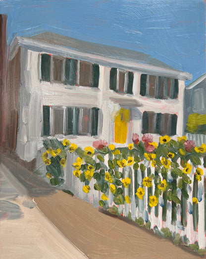 A painting depicting a white house with yellow flowers in front, under a blue sky.