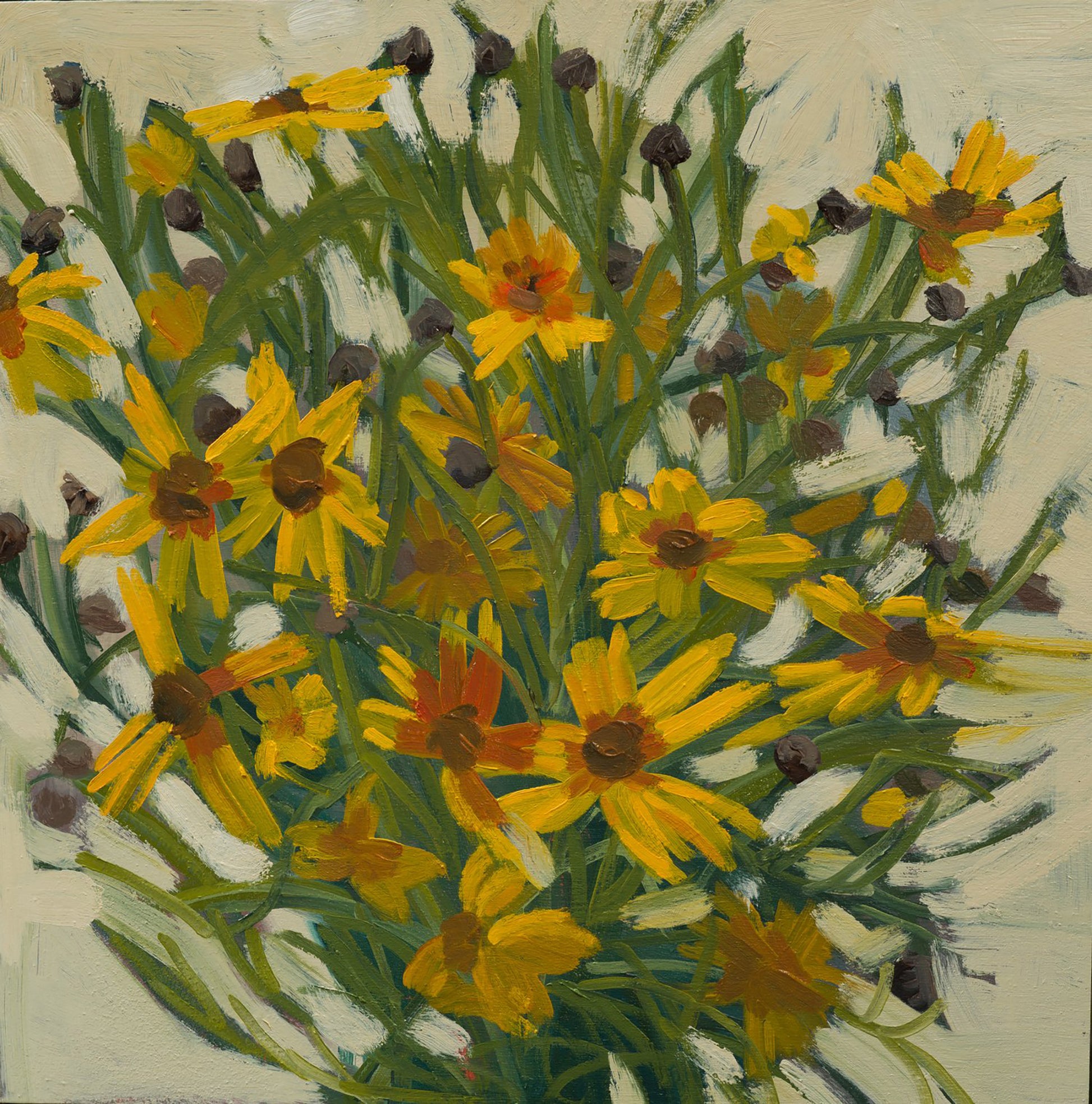 A painting featuring a cluster of yellow flowers with brown centers, green stems, and a beige background.