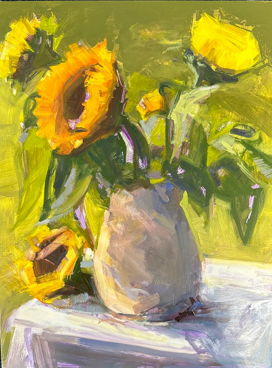 "Clare's Sunflower," a 12x16 inch oil painting on panel, vividly depicts a bouquet of sunflowers arranged in a beige vase. The painting is characterized by thick, expressive brush strokes in vibrant shades of yellow and green, capturing the dynamic texture and natural beauty of the sunflowers against a harmonious green background.
