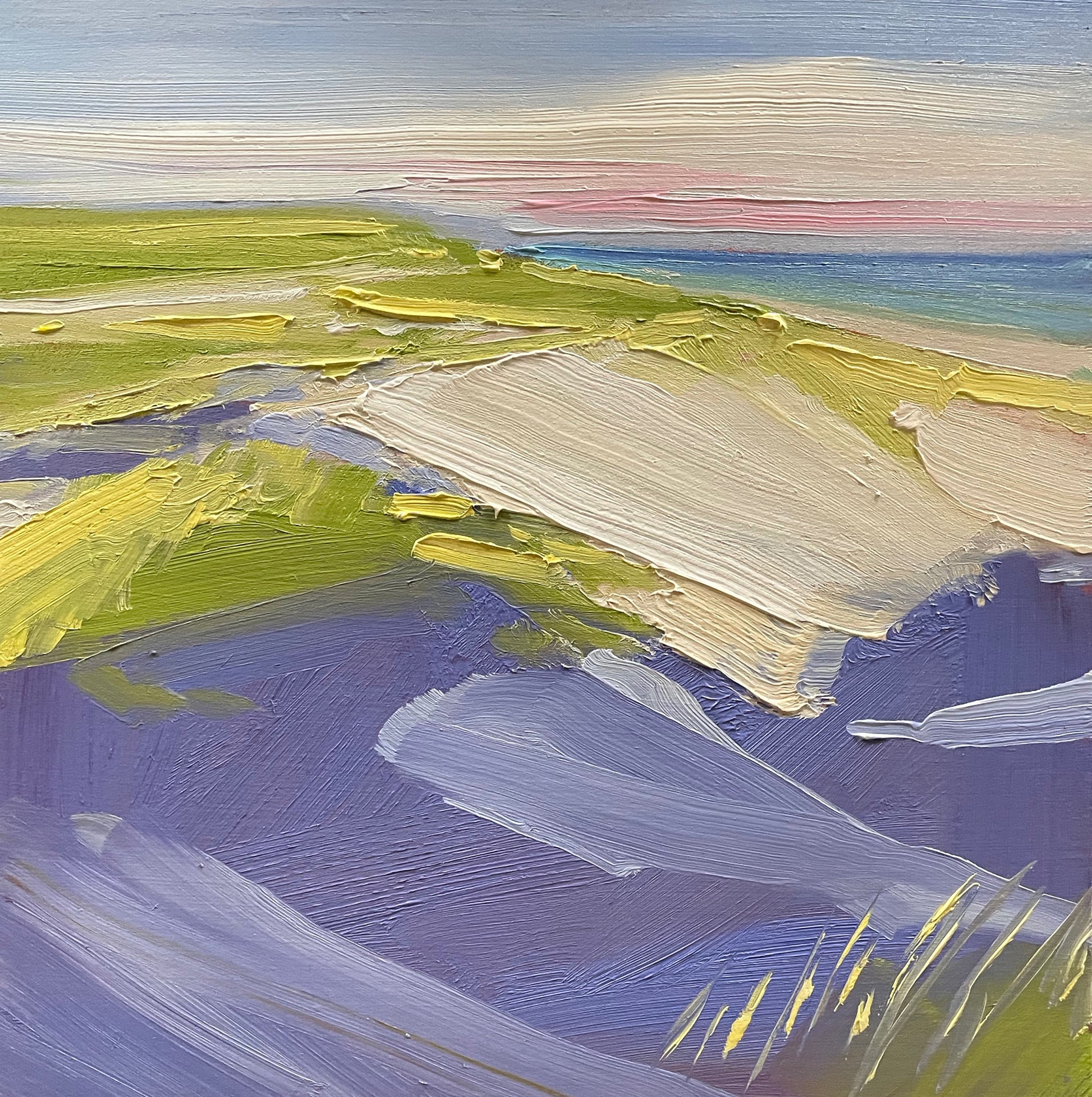 "Amagansett August," an 8x8-inch oil on panel by Pete Hocking, depicting a windswept coastal landscape with bold, textured brushstrokes of green, sand, and violet under a soft pastel sky.