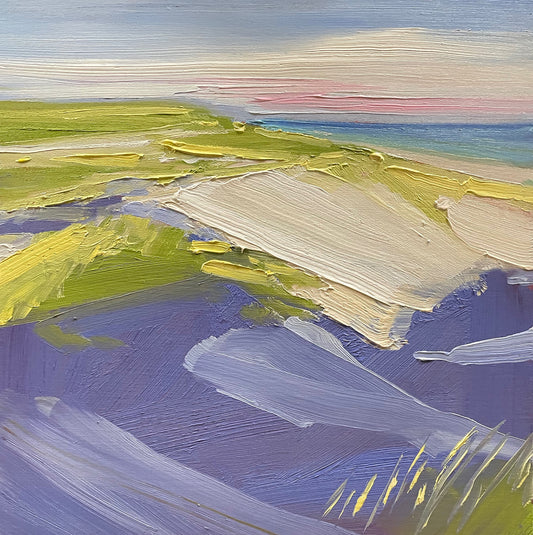 "Amagansett August," an 8x8-inch oil on panel by Pete Hocking, depicting a windswept coastal landscape with bold, textured brushstrokes of green, sand, and violet under a soft pastel sky.