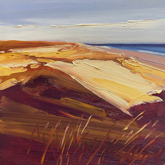 Amagansett No. 1, an 8x8-inch oil on panel by Pete Hocking, captures a coastal dune landscape with rich, earthy tones and expressive brushstrokes under a serene sky.