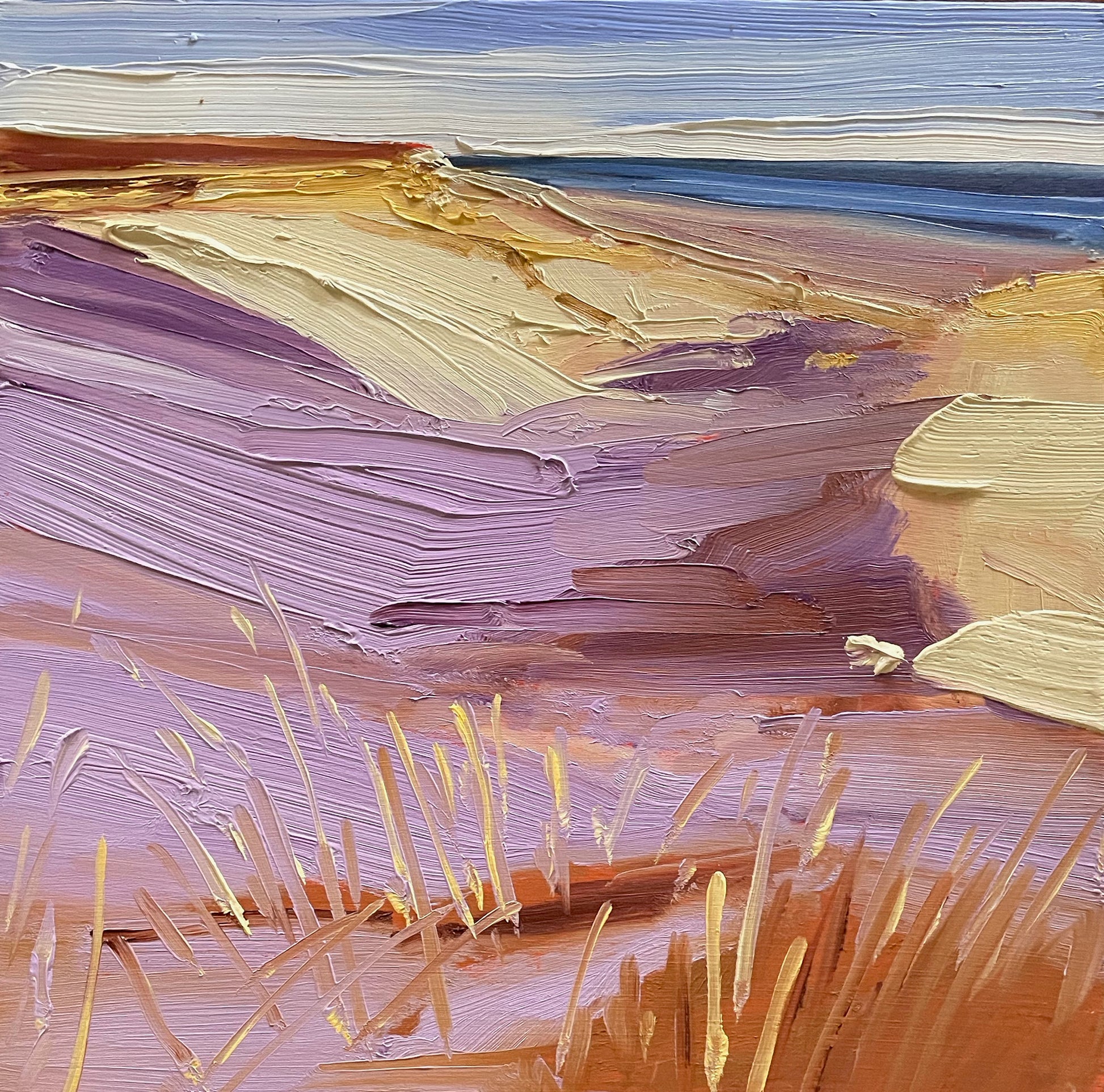 Amagansett No. 2, an 8x8-inch oil on panel by Pete Hocking, depicts a windswept dune landscape in soft purples, warm earth tones, and textured brushstrokes under a vast coastal sky.