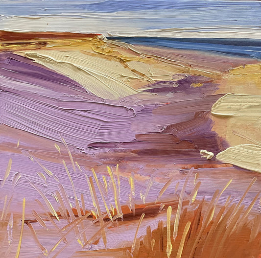 Amagansett No. 2, an 8x8-inch oil on panel by Pete Hocking, depicts a windswept dune landscape in soft purples, warm earth tones, and textured brushstrokes under a vast coastal sky.