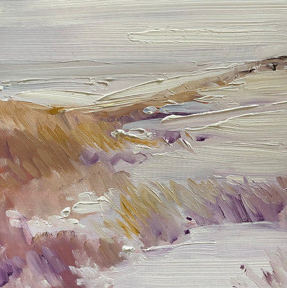Landscape abstract oil painting on panel featuring a blend of white, beige, and pink tones with visible brushstrokes.