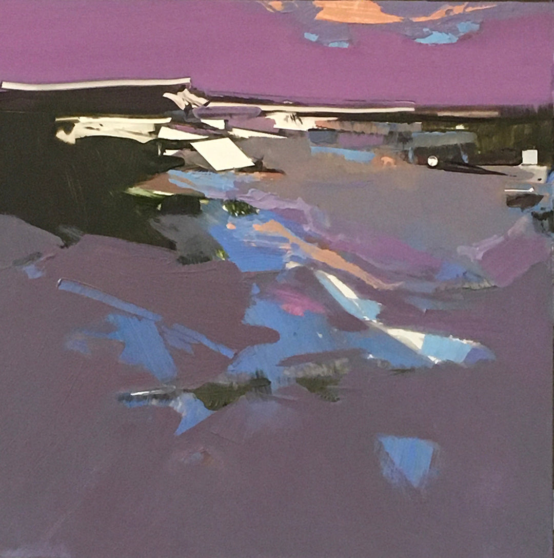 Abstract oil painting titled "Hard to Believe" by Jo Harrison, featuring expressive brushwork in shades of purple, blue, gray, and touches of white. Painted on a mirrored surface with mirror collage elements, creating reflections and subtle depth.