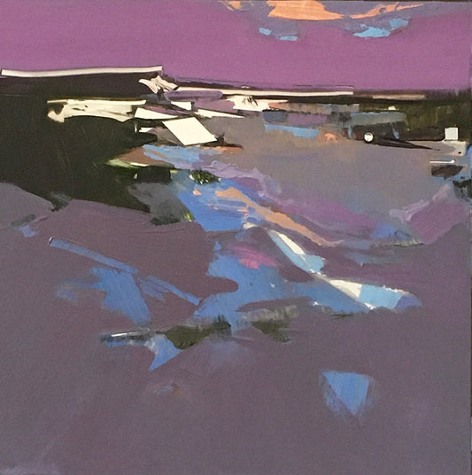 Abstract oil painting titled "Hard to Believe" by Jo Harrison, featuring expressive brushwork in shades of purple, blue, gray, and touches of white. Painted on a mirrored surface with mirror collage elements, creating reflections and subtle depth.