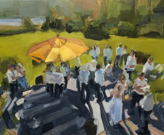 "Golden Hour," a 10x8 inch oil painting by Jo Harrison on Dura-Lar, depicting a lively outdoor gathering with people mingling beneath a large yellow umbrella in warm, afternoon sunlight.