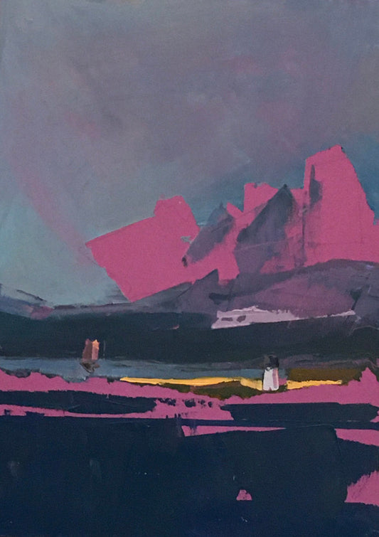 Abstract oil painting titled "Majestic Ways" by Jo Harrison, measuring 5x7 inches. The artwork features bold pink and black geometric shapes against a moody gray and blue background, with vivid yellow highlights creating a dramatic contrast. Painted on a panel.