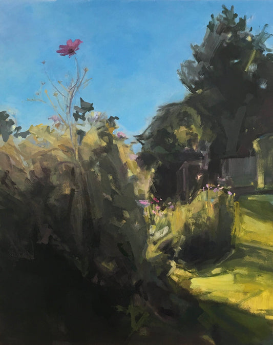 Ode to Joy," a 16x20 inch oil painting on panel by Jo Harrison, portrays a tranquil garden with expressive brushstrokes, lush greenery, and a single pink flower rising beneath a clear blue sky.