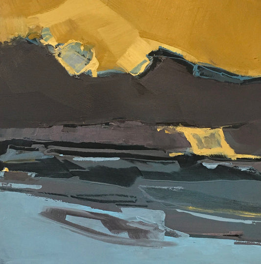 Abstract oil painting titled "Rising" by Jo Harrison, depicting layered, gestural brushstrokes in deep grays, muted blues, and ochre yellows, creating an impression of a landscape or horizon.