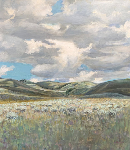 An acrylic painting on board depicting a landscape with hills and a sky filled with clouds.