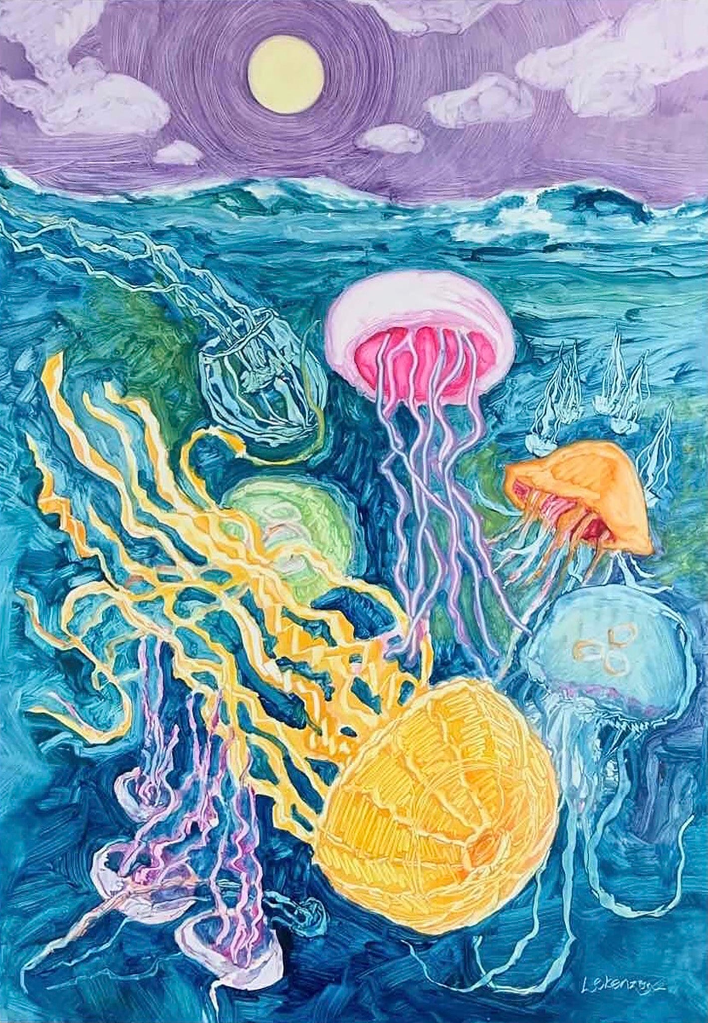Colorful jellyfish illustration in an underwater setting with a purple sky.