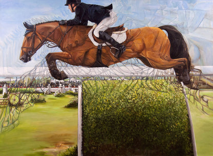 A painting depicting a horse and rider in mid-jump over a fence, with a green field in the background.