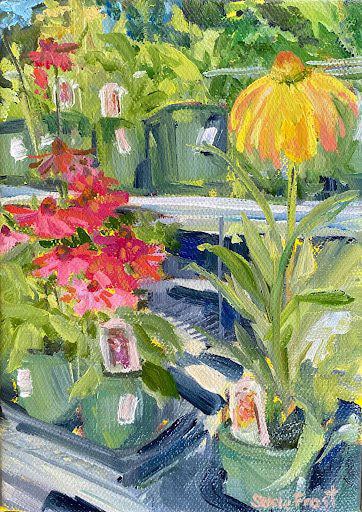 A canvas painting featuring a colorful depiction of flowers and greenery, with a focus on a yellow flower in the foreground.