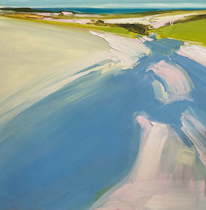 An abstract oil painting on board featuring swirls of blue and green hues with white accents, representing a stylized landscape.